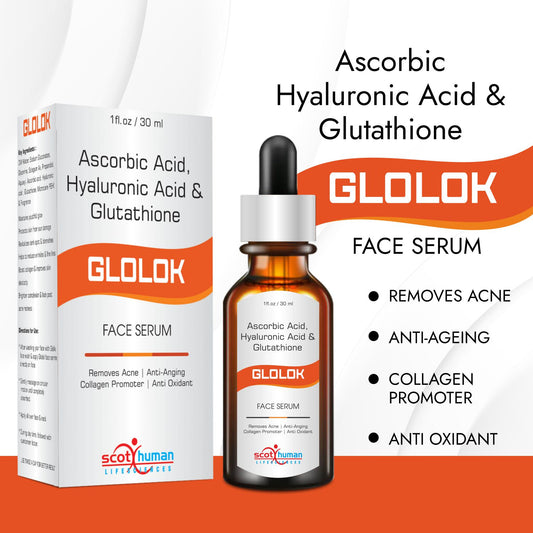 Glolok Face Serum With Ascorbic Acid, Hyaluronic Acid & Glutathione Remove Acne, Anti Aging, Collagen Promoter & Anti Oxidant - 30 Ml