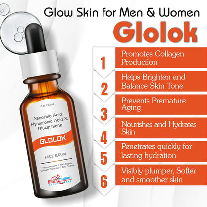 Glolok Face Serum With Ascorbic Acid, Hyaluronic Acid & Glutathione Remove Acne, Anti Aging, Collagen Promoter & Anti Oxidant - 30 Ml